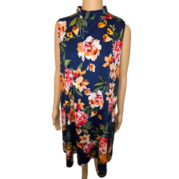 2/$30 Tiana B Navy Blue Mock Neck Knee Length Sleeveless Floral Dress 1X‎ - Picture 1 of 12